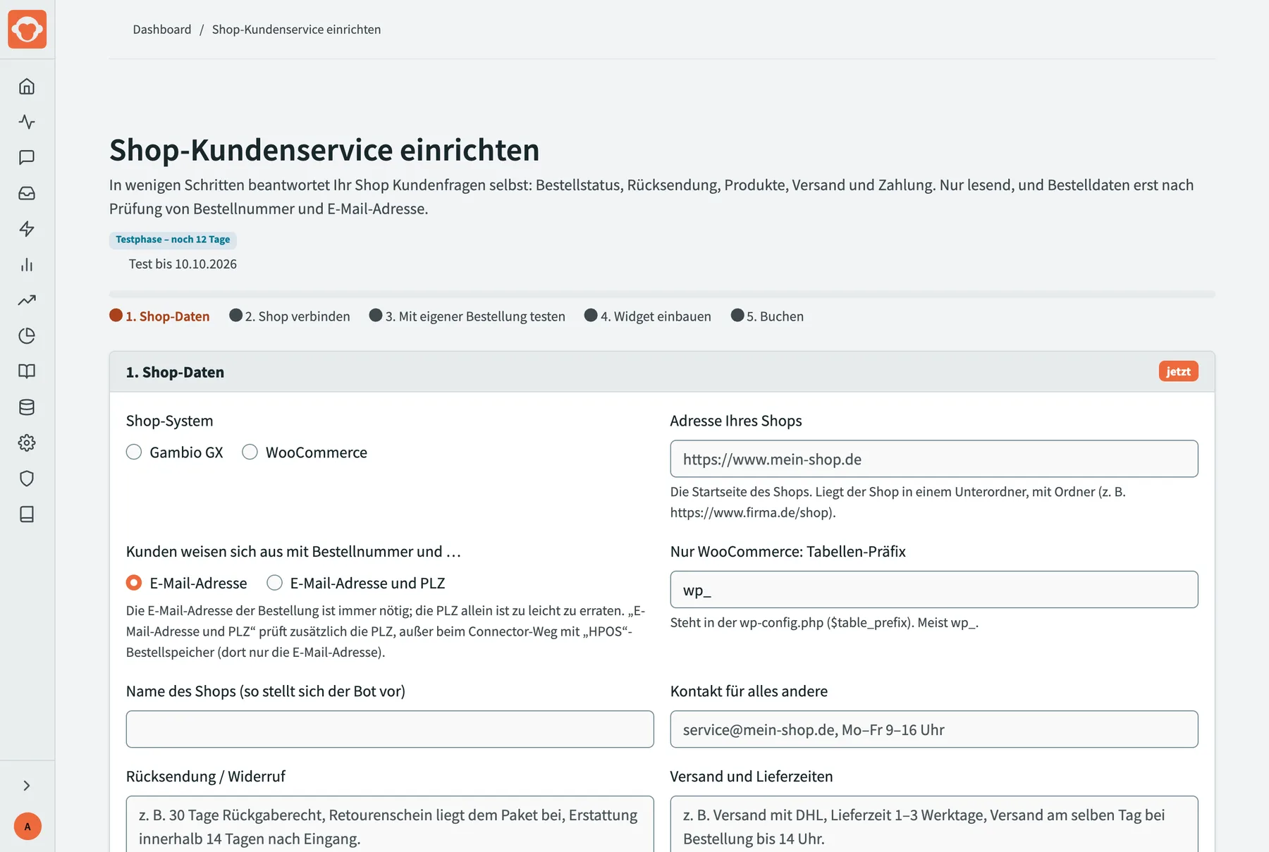 Einrichtungsseite „Shop-Kundenservice einrichten“ mit Testphase-Anzeige und nummerierten Schritten: Shop-Daten, Shop verbinden, mit eigener Bestellung testen, Widget einbauen, buchen.