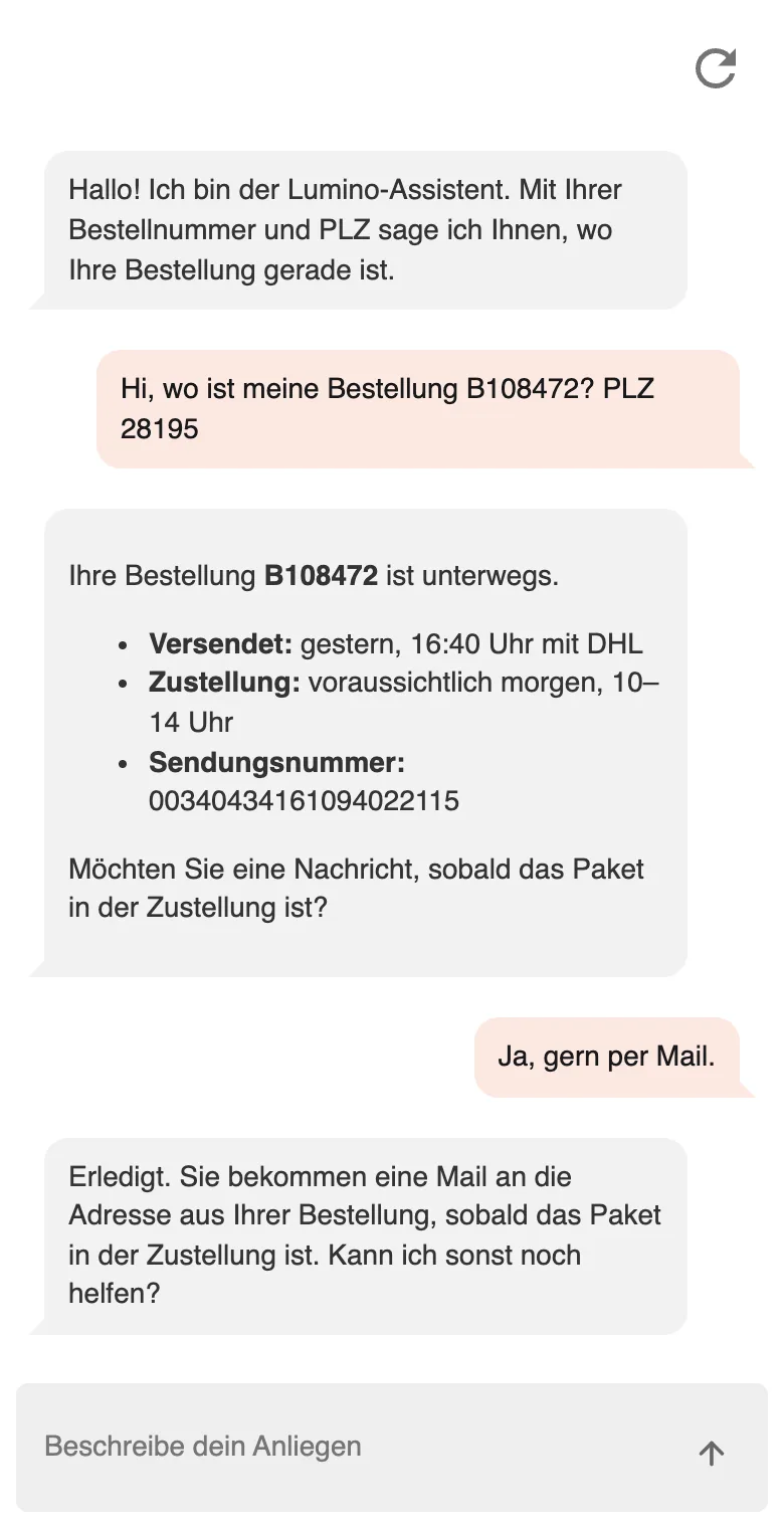 Chat-Fenster in einem Shop: Der Assistent nennt zur Bestellnummer Versanddatum, Zustellzeit und Sendungsnummer.