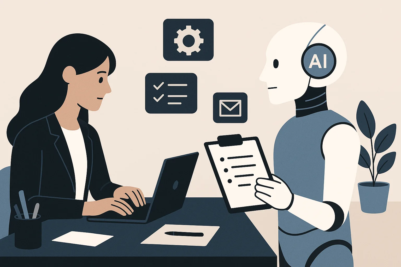 Illustration: Eine Frau arbeitet am Laptop, daneben ein KI-Assistent mit Checkliste und Symbolen für Aufgaben und E-Mail.