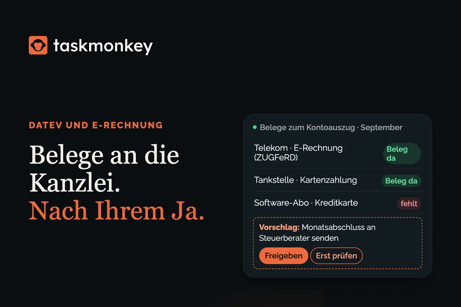 Illustration: Belege eines Monats werden zugeordnet und nach Freigabe per DATEV Upload Mail an die Kanzlei geschickt.