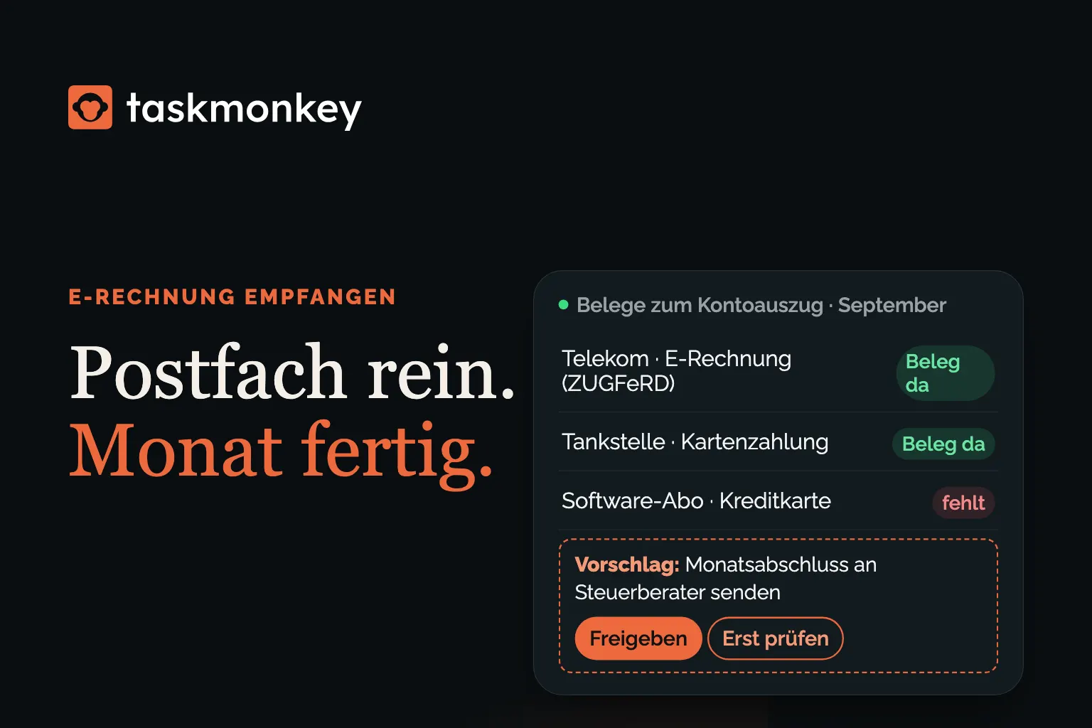 Illustration: Eine E-Rechnung kommt per Mail an, wird dem passenden Bankumsatz zugeordnet und landet im Monatsabschluss für den Steuerberater.