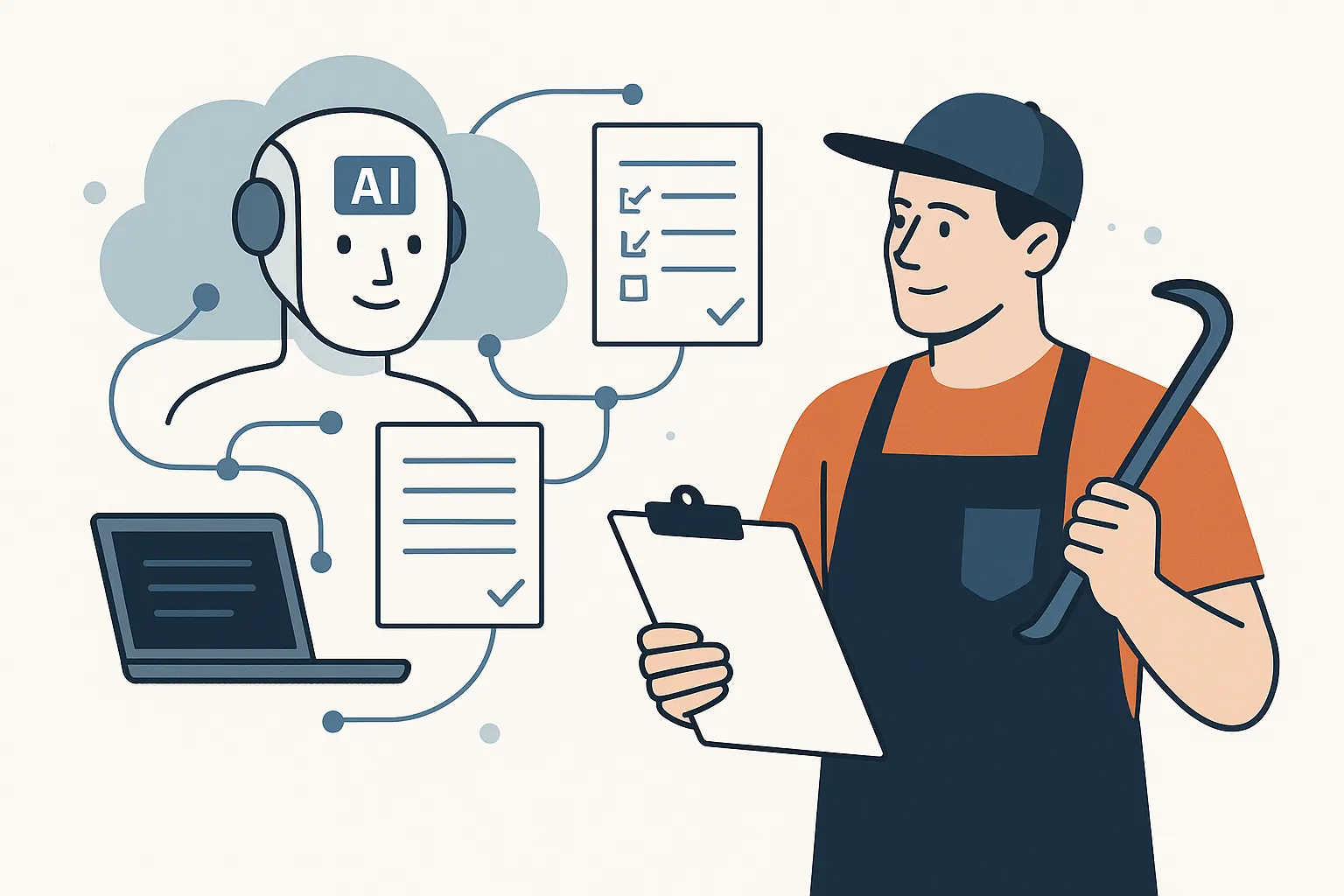 Illustration: Ein Handwerker mit Klemmbrett und Werkzeug, daneben ein KI-Assistent, der Angebote und Checklisten vorbereitet.