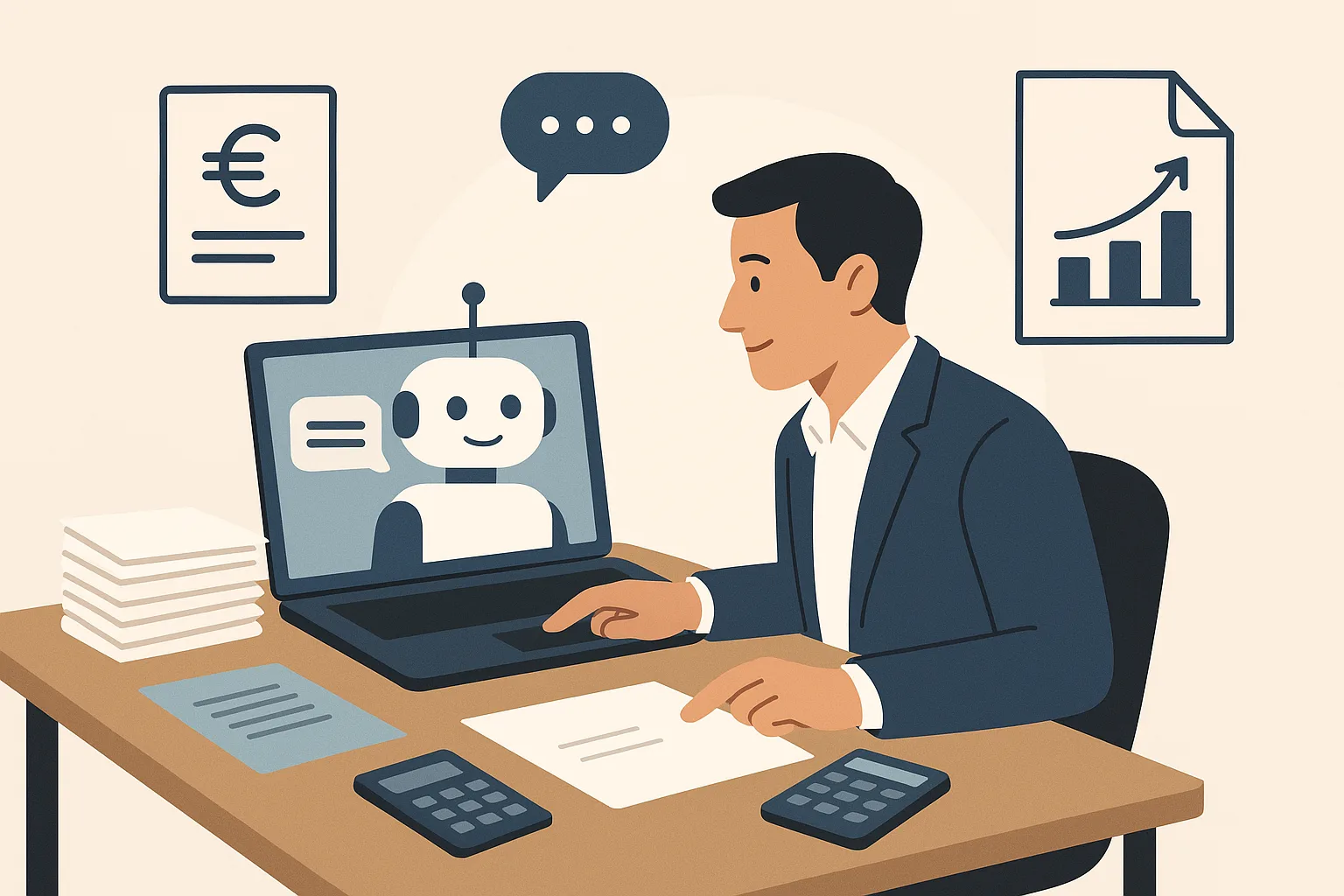 Illustration: Ein Steuerberater am Schreibtisch mit Belegen und Taschenrechner, auf dem Laptop ein KI-Assistent im Chat.