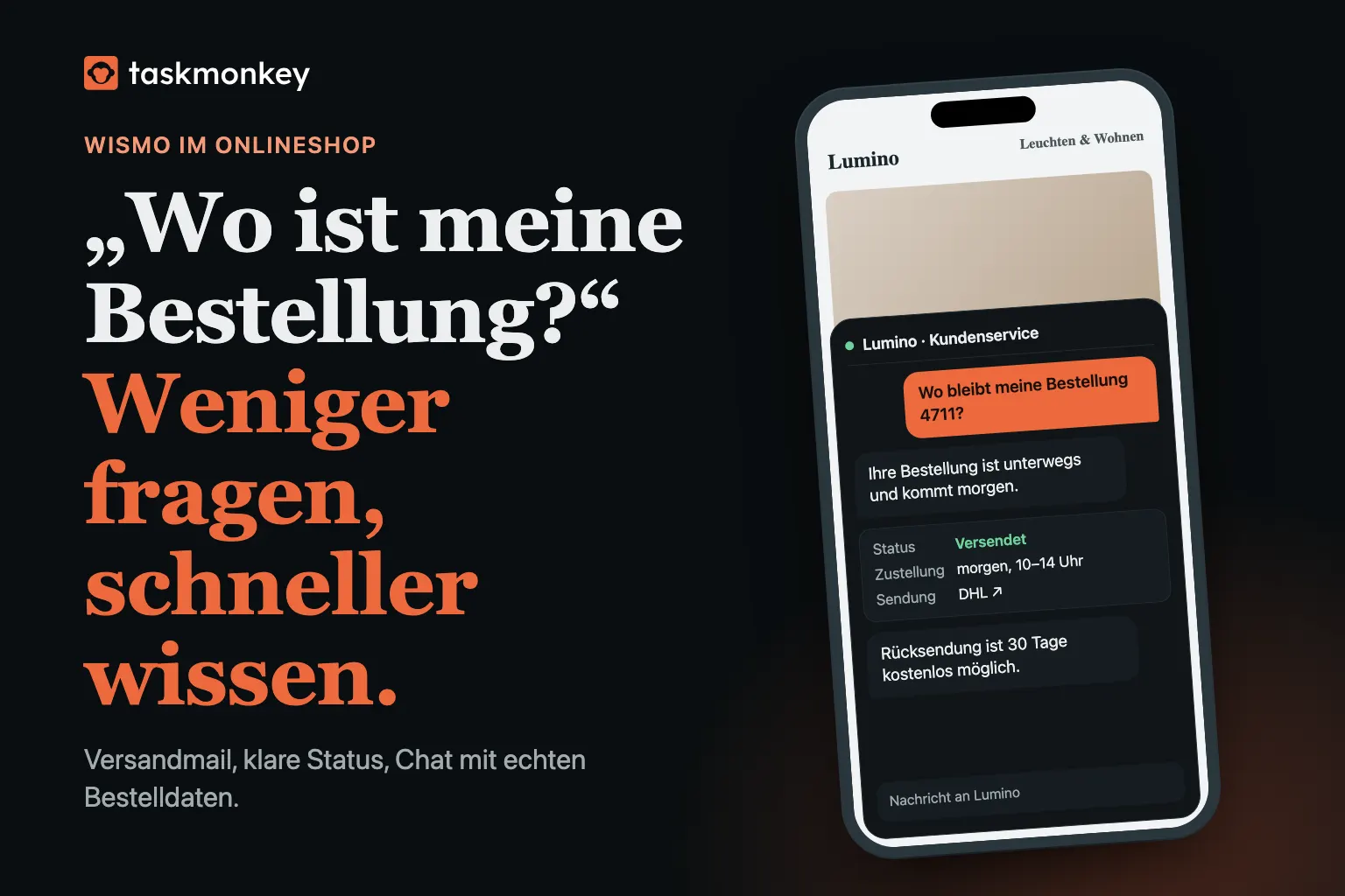 Illustration: Ein Smartphone mit Shop-Chat, darin die Frage „Wo bleibt meine Bestellung 4711?“ und eine Antwort mit Versandstatus.