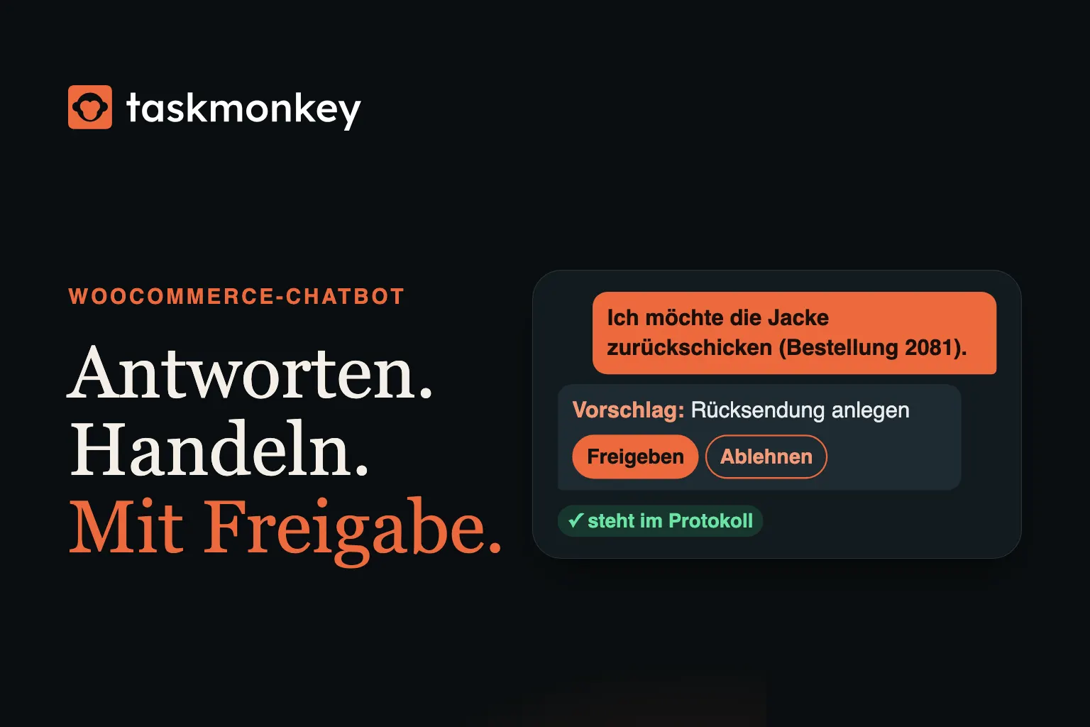Illustration: Eine Kundin fragt im Chat nach einer Rücksendung, der Assistent schlägt vor, die Rücksendung anzulegen, das Team gibt sie mit einem Klick frei.