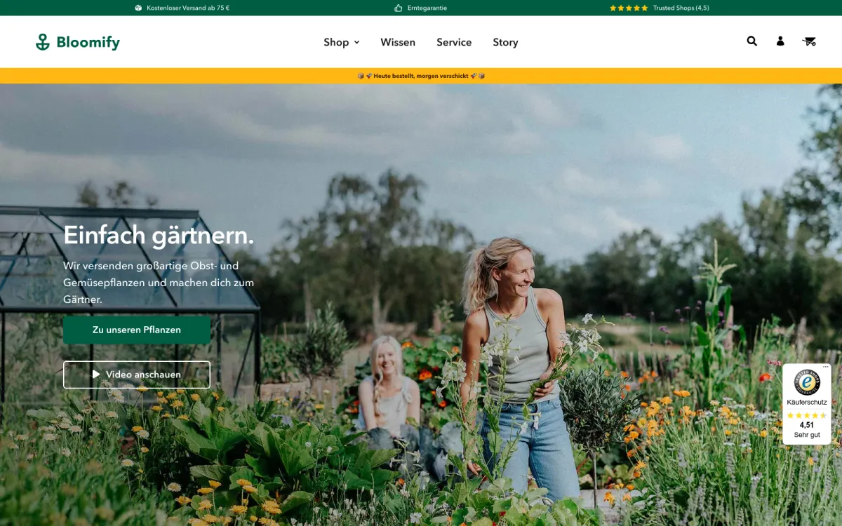 Startseite des Bloomify-Onlineshops auf dem Desktop: „Einfach gärtnern.“ mit Pflanzen-Sortiment.